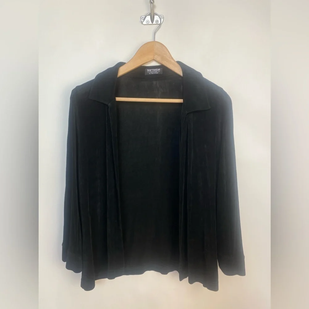 Vtg Mark Singer Softwear 90s Black Jersey Cardigan Knit Open Front Medium Petite